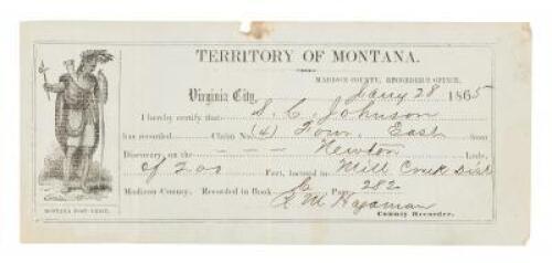 Printed Mining Claim Receipt, Completed in Manuscript and Recorded in the Madison County Recorder's Office