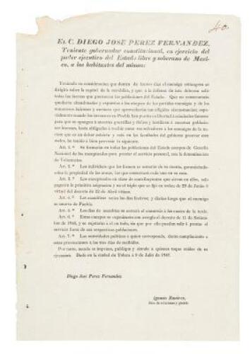 El C. Diego Jose Perez Fernandez, Teniente Gobernador constitucional en ejercicio del poder ejecutivo del Estado libre y soberano de Mexico á los habitantes del mismo