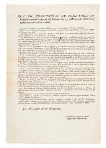 El C. Lic. M. De Olaguibel, Gobernador constitucional del Estado y soberano de México, á todos sus habitantes