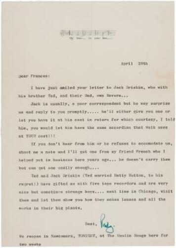 Rudy Vallee, First Jazz Age Pop Star, 1958 letter