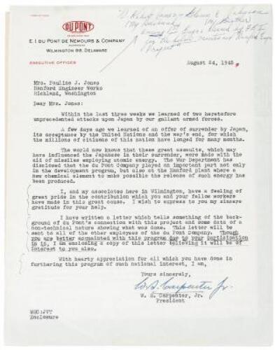 Typed Letter Signed - 1945 DuPont helped build the A-Bomb