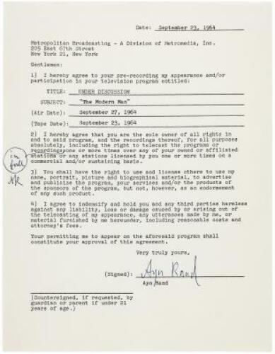 Contract for a television appearance, signed by Ayn Rand