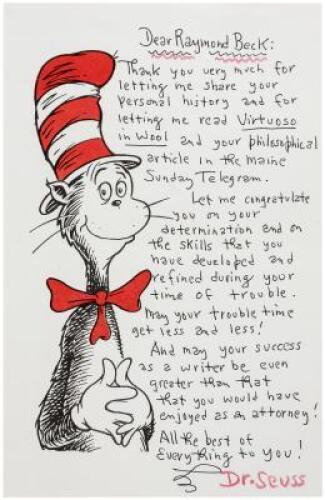 Autograph Letter Signed from Dr. Seuss - encourages a lawyer who, due to an accident, can no longer practice law and has turned to writing
