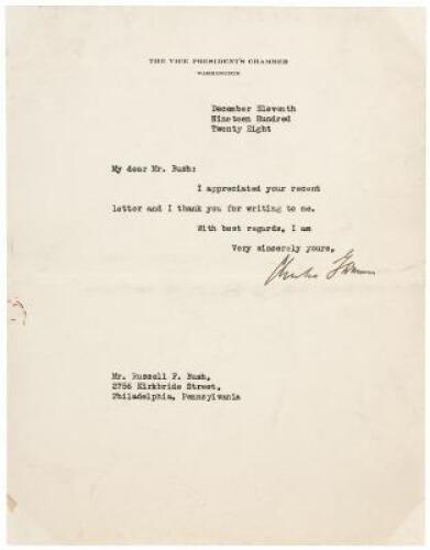 Typed Letter, signed from Vice President Charles G. Dawes