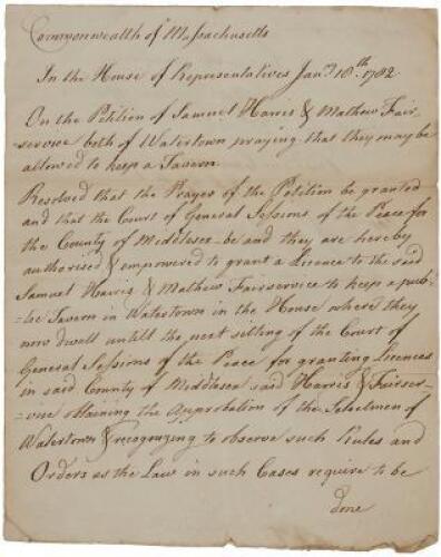 Manuscript Copy of a license for a tavern in Waterton, Massachusetts, the original of which was signed by John Hancock and Samuel Adams