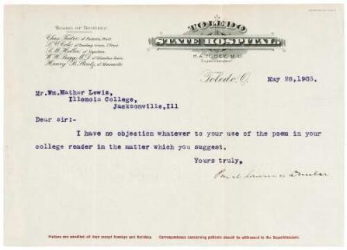 Typed Letter, signed, regarding the use of one his poems in a college reader