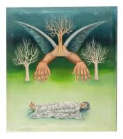 Surrealist painting [man sleeping under several trees]