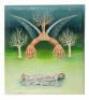 Surrealist painting [man sleeping under several trees]