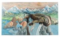 Surrealist painting, with mountains, the sea, and various body parts
