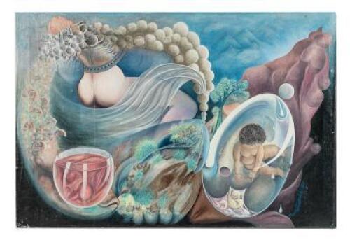 Surrealist painting with a baby in a bubble and other oddities