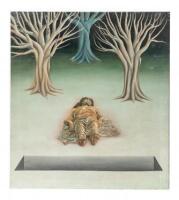 Surrealist painting, a man asleep beneath three trees