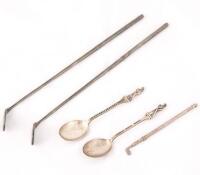Two souvenir silver spoons, plus three silver swizzle sticks