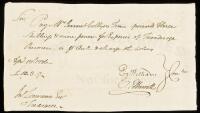 Manuscript document authorizing payment to Mrs. Jennet Collyer for expenses relating to Ticonderoga prisoners, signed by Oliver Ellsworth and Ezra Williams