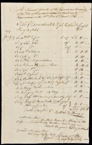 Manuscript accounting of items supplied to the State of Connecticut by Elijah Hubbard and Joseph King