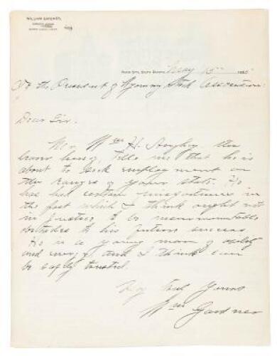 Letter from a prospective cowboy to the President of the Wyoming Stock Association, requesting that he be removed from the employment blacklist so he could get a job, with a letter from a judge attesting to the supplicant's good character