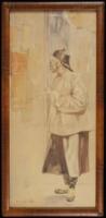 Original watercolor of a Chinese man, standing, holding an opium pipe