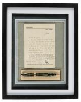 SHEAFFER: Senior Lifetime Balance Green Striped Fountain Pen-Pencil, Owned by Rudy Vallee with Inscribed Band, Framed with Signed Rudy Vallee Letter