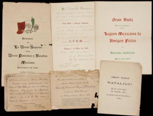 Six printed dance invitations and other ephemera relating to various Mexican mutual aid organizations in California