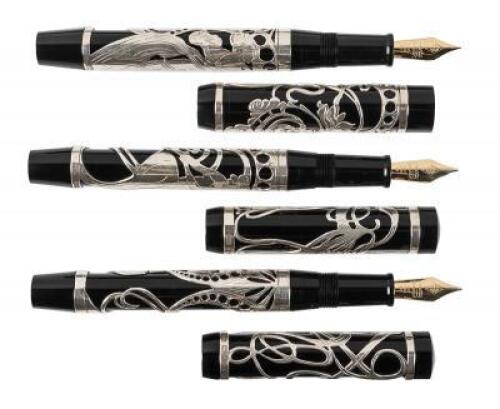 HENRY SIMPOLE: Mucha Series Sterling Silver Filigree Set of Three Limited Edition Fountain Pens