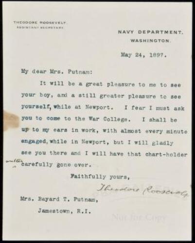 Typed Letter Signed by Theodore Roosevelt, to Mrs. Bayard T. (Grace) Putnam