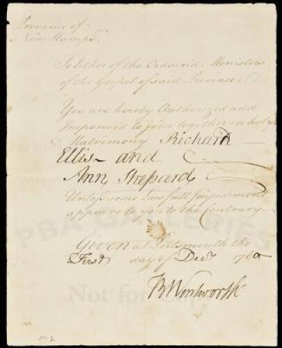 Manuscript Document Signed by Benning Wentworth as Governor of New Hampshire, being a marriage certificate