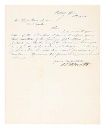 Letter Signed as Commissioner of the US Patent Office, about patent of the first electric motor in America