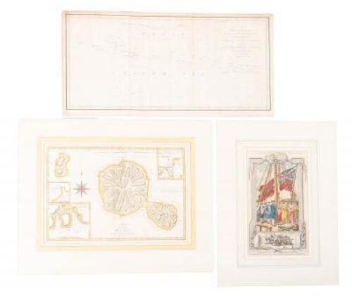 Two engraved charts and a hand-colored plate from Captain Cook's voyages.