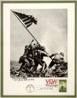 Finescreen photograph of the flag raising on Iwo Jima, with 1974 first day cover cancellation, inscribed and signed by Rosenthal