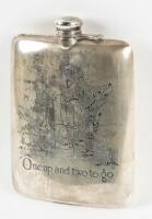 Silver-plate hip flask with engraved golfing scene