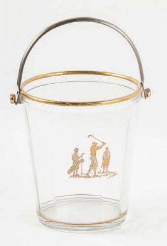 Glass ice bucket with gilt golfing scene