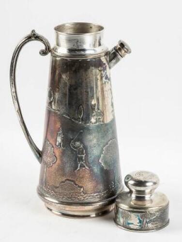 Serving pitcher with embossed golfing scene