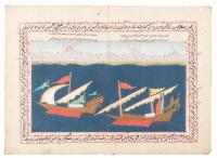 Miniature painting of two lateen-rigged galleys with what is undoubtedly Constantinople stretching across the background