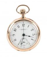 14K Yellow Gold Keyless Wind Open Face Chronograph Pocket Watch with Enamel Dial