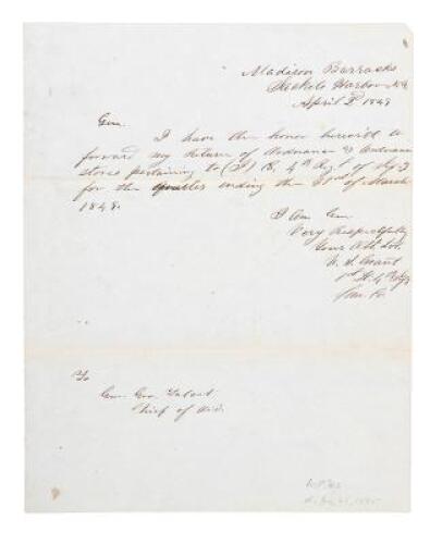 Letter by U.S. Grant as 1st Lt., 4th Inf. to brevet Brigadier General George Talcott, Chief of Ordinance