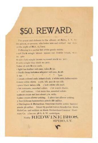 Reward Poster for Red Wine Bros. Hardware, 1905