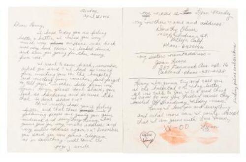 Letter to Lenny Bruce from Lynn Mendez, recounting her visit to Bruce when he was a patient at Cedars of Lebanon hospital in Los Angeles, and expressing her love for Bruce
