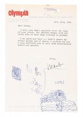 Note on Olympia Press letterhead to Lenny Bruce, with notations and an ink doodle by Bruce