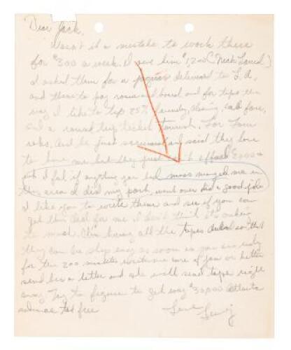 Letter from Lenny Bruce to his agent Jack Sobel asking him to work out better financial arrangements for a return engagement in London