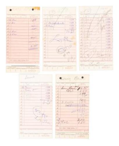 Five of Lenny Bruce's bar tabs, 3 of them signed by Bruce