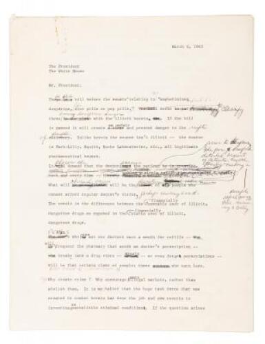 Draft letter from Lenny Bruce to President Lyndon Johnson regarding U.S. Senate legislation to regulate amphetamines and other diet pills