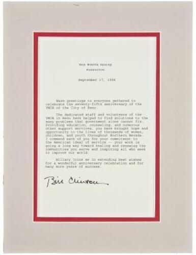 Typed Letter Signed "Bill Clinton" as President, commemorating the 75th anniversary of the YMCA in Reno, Nevada