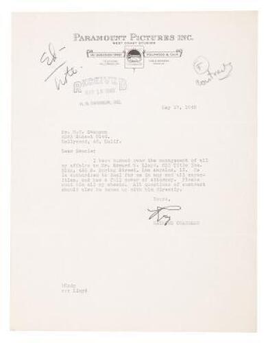 Letter signed by Raymond Chandler