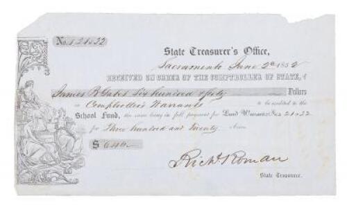 California State Treasurer Land Warrant 1852