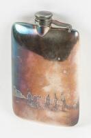 Silver-plate hip flask with engraved golfing scene