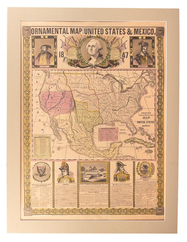 Ornamental Map of the United States & Mexico with two statistical tables.