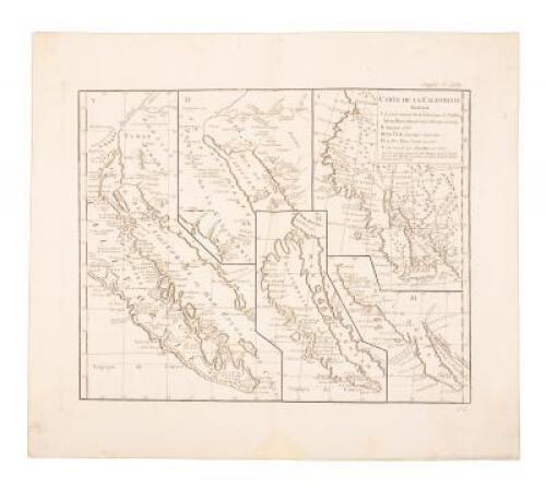 Carte de la Californie suivant I. La carte manuscrite de l'Amérique de Mathieu Néron Pecci olen dresse à Florence en 1604. II. Sanson 1656. III. De L'Isle Amérique Sept. 1700. IV. le Pere Kino Jesuite en 1705. V. La Societe des Jésuites en 1767...