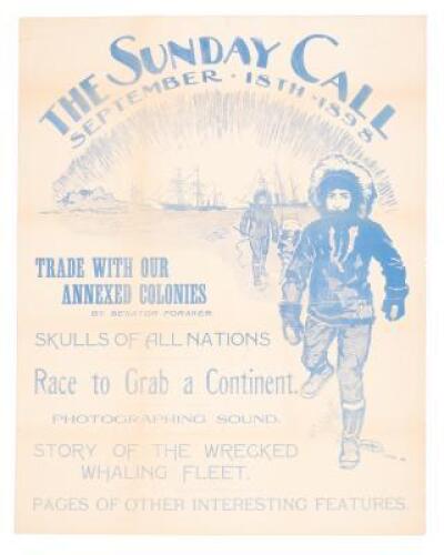 Poster advertising the Sept. 18, 1898 issue of the San Francisco Sunday Call, featuring articles about Alaska, with a large Alaska-theme illustration by Maynard Dixon