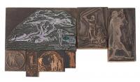 Nine relief printing blocks depicting golf and golfers