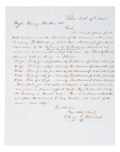 Letter by a Massachusetts shipping magnate about his sale of a ship to the Russian American Company at "New Archangel" (Sitka), Alaska