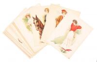 Twelve chromolithograph plates by Maud Stumm, one featuring a lady at golf